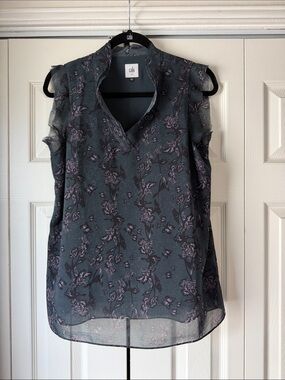CAbi #3065 Dark Charcoal Sleeveless Blouse with Lavender Floral Print
